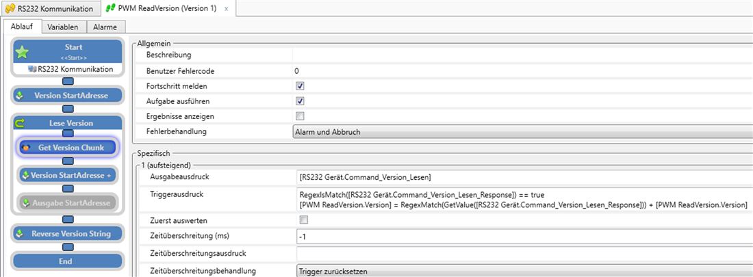 Secuencia "PWM ReadVersion" con evaluación de telegramas basada en RegEx